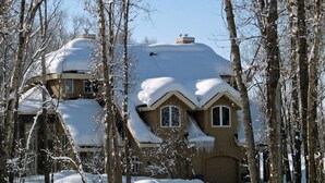 Une maison recouverte de neige, dotée d’un toit symétrique et de nombreuses fenêtres, entourée d’arbres sans feuilles.