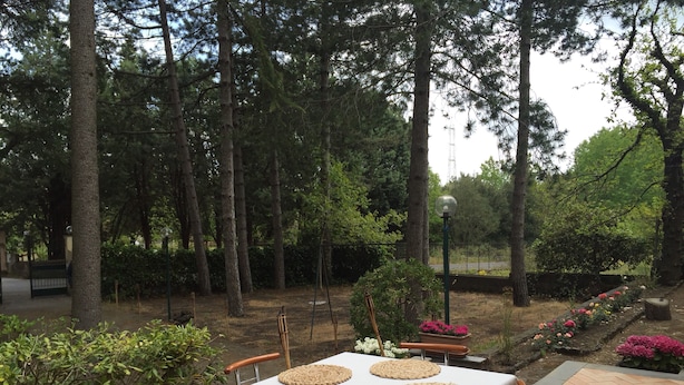 Een buiten eethoek met een tafel voor vier personen, omringd door bomen en een tuin.