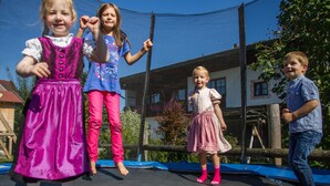 Niños jugando en un trampolín con una red de protección.