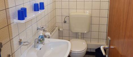 Ein Badezimmer mit einem weißen Waschbecken, einer Toilette und blauen Handtüchern auf einem Regal.