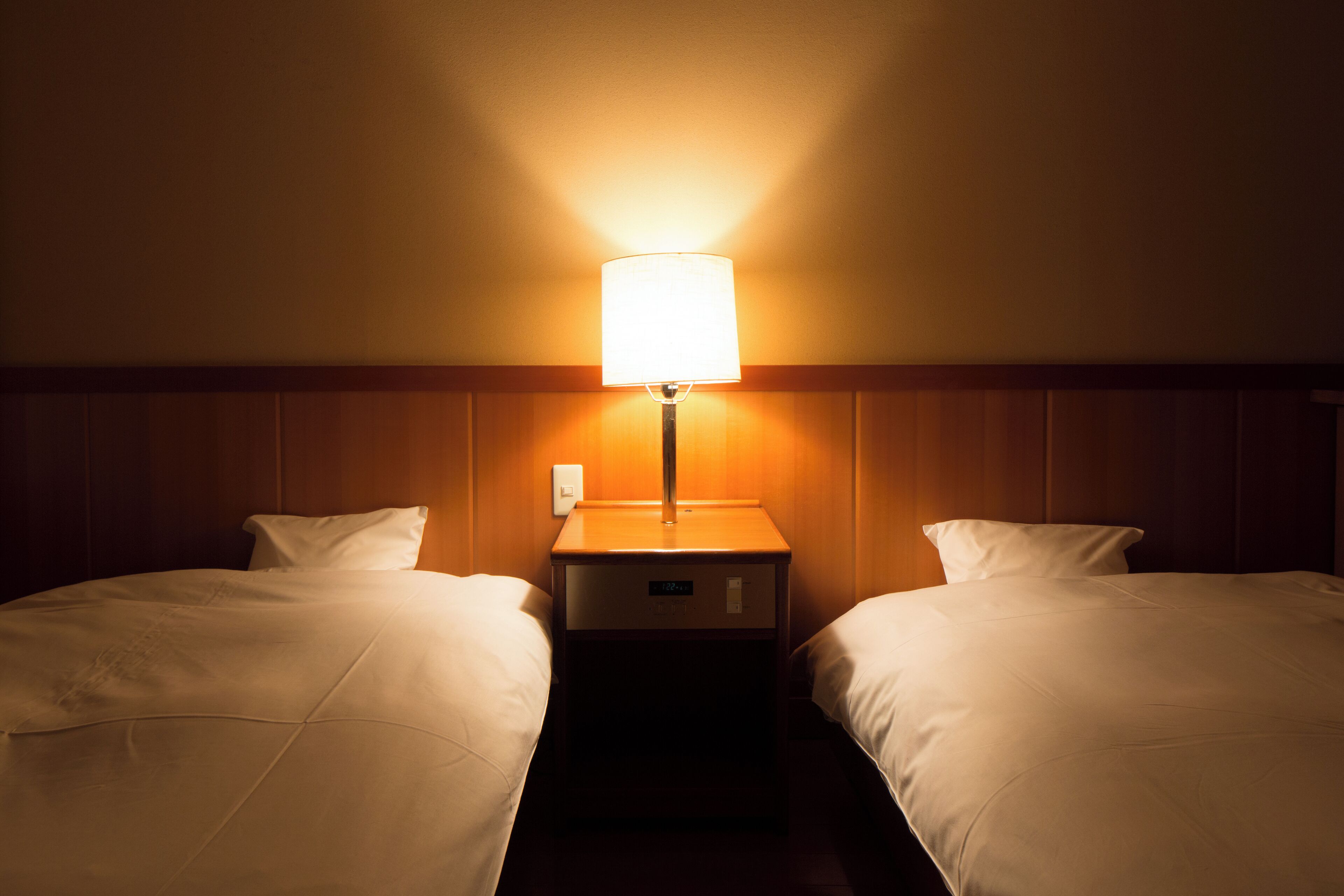 A hotel room with two single beds, a nightstand with a lamp, and a wooden headboard.