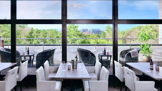 An outdoor dining area with wicker furniture, a potted plant, and a view of a cityscape through large windows.