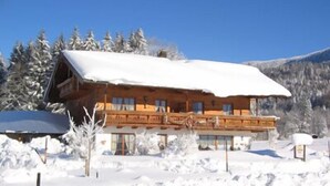 Un chalet en bois doté d’un balcon, entouré d’arbres et de montagnes couverts de neige.