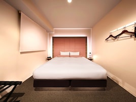 A modern hotel room with a large bed, a bedside table with a lamp, a wall-mounted coat rack, and a large window.