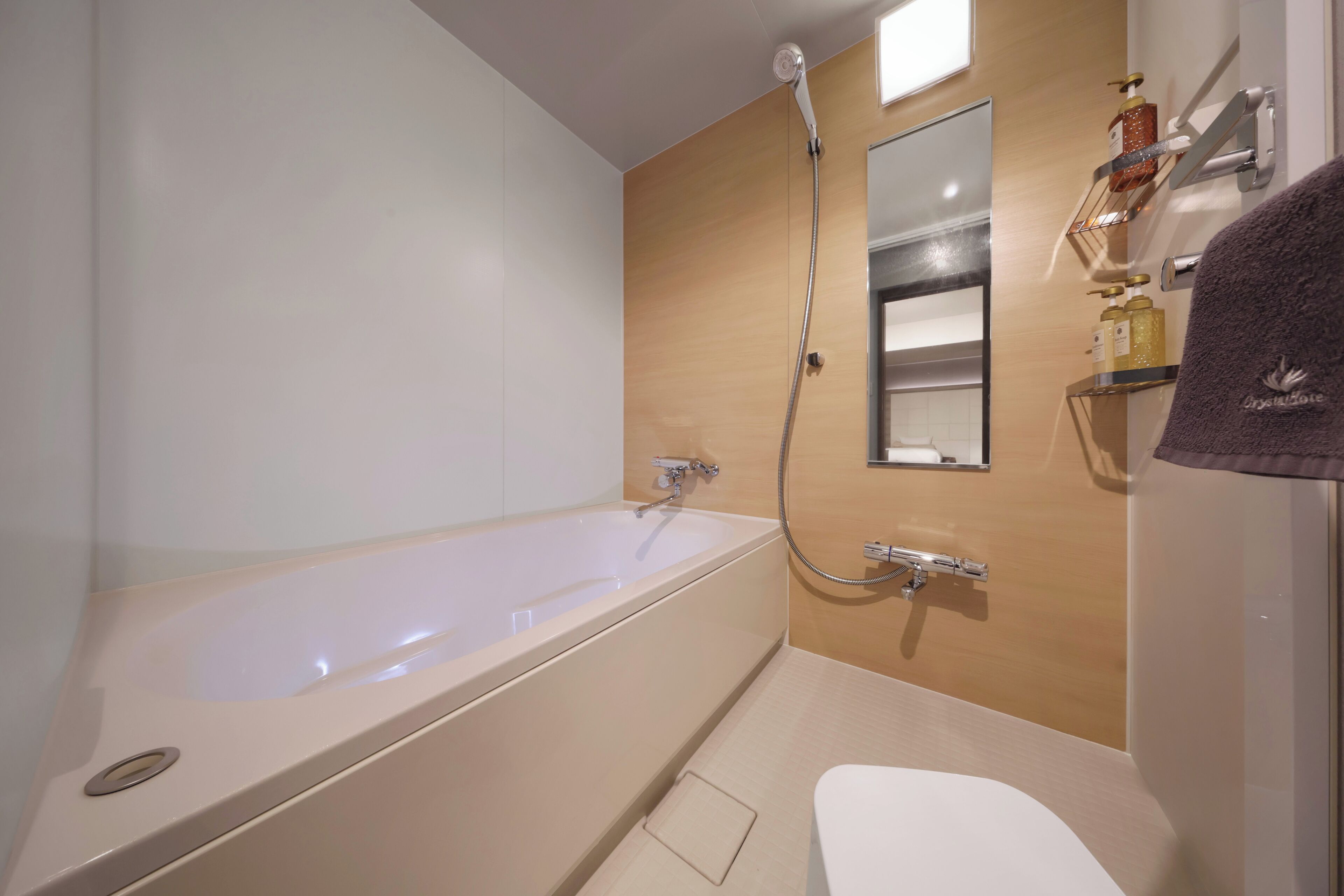 combined shower/bathtub, free toiletries, hair dryer, slippers