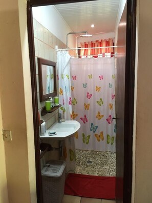 Shower, hair dryer, towels, toilet paper
