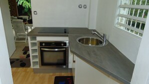 A compact kitchen with a built-in oven, a stainless steel sink, and a window with a view of greenery. - Lecres St Ange Elie Gites with Spa (lamentin)