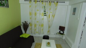A living room with a black sofa, a white coffee table, and a green cushion. - Lecres St Ange Elie Gites with Spa (lamentin)