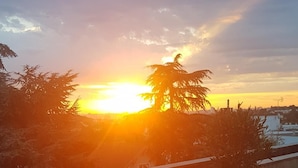 Ein Tisch mit einer Topfpflanze, vor einer Sonnenuntergangslandschaft mit Bäumen und einem Gebäude im Hintergrund.
