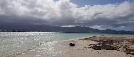 On the beach, sun loungers