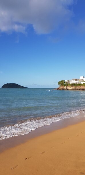 A beach with clear blue water, a sandy shore, and a small island in the distance.