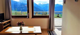Mountain panorama with a view of the valley, totally alpine pasture landscape