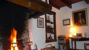 Une pièce chaleureuse avec une cheminée, une étagère en bois remplie de livres, un tableau encadré et une lampe.