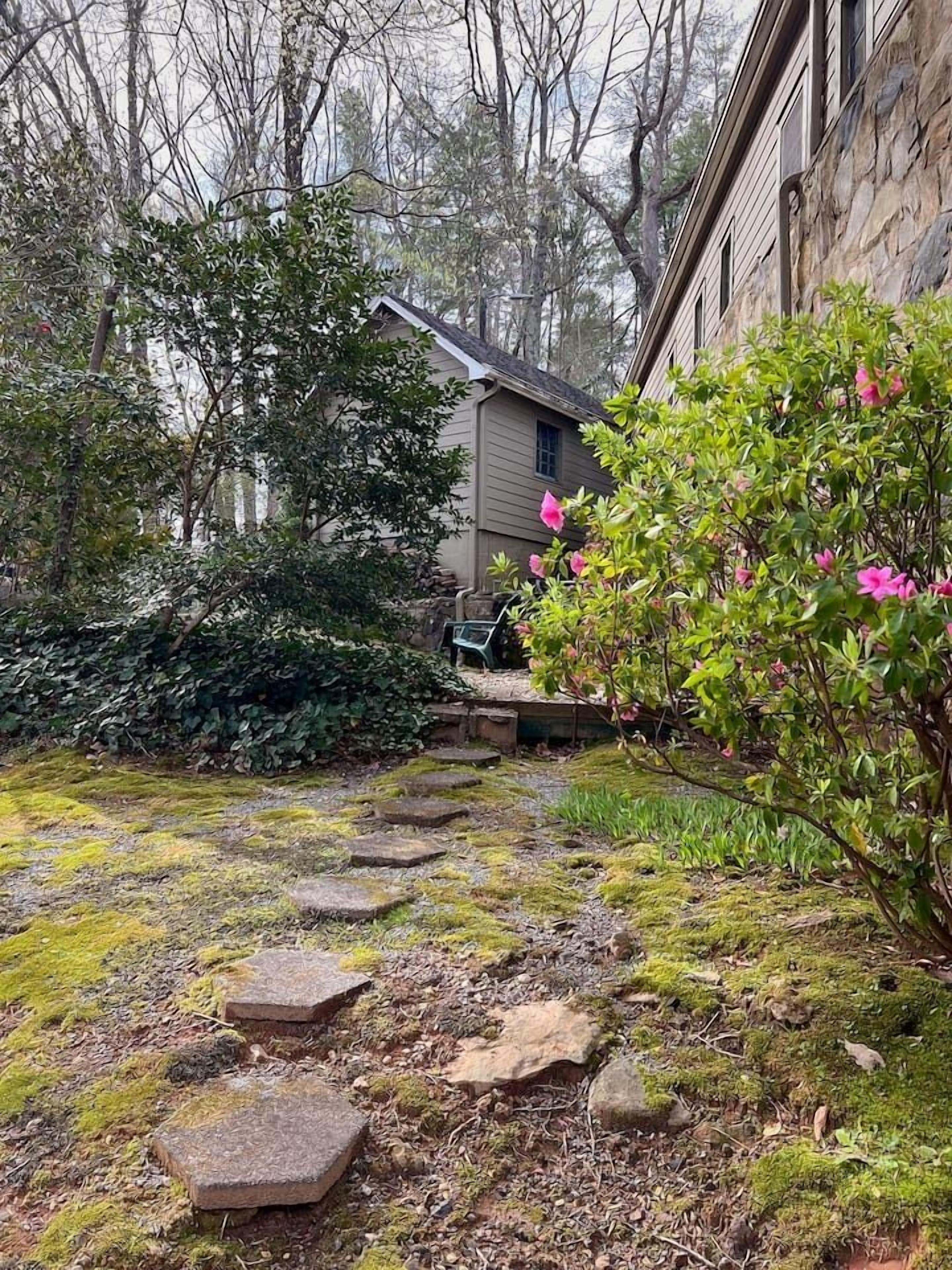 Ein Kiesweg führt zu einem Haus, umgeben von dichtem Grün und einem moosbewachsenen Rasen.