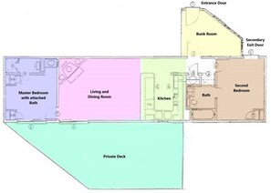 Ein Grundriss mit Schlafzimmer mit eigenem Bad, Wohn- und Esszimmer, Küche, zweitem Schlafzimmer und einer privaten Terrasse.