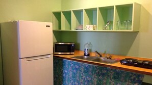 A compact kitchen with a refrigerator, microwave, sink, and a gas stove.