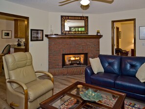 Smart TV, fireplace, DVD player, books
