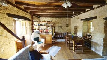 Een open haard, een dvd-speler, boeken en een muziekbibliotheek