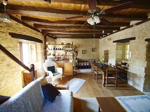 Cheminée, lecteur de DVD, livres, médiathèque