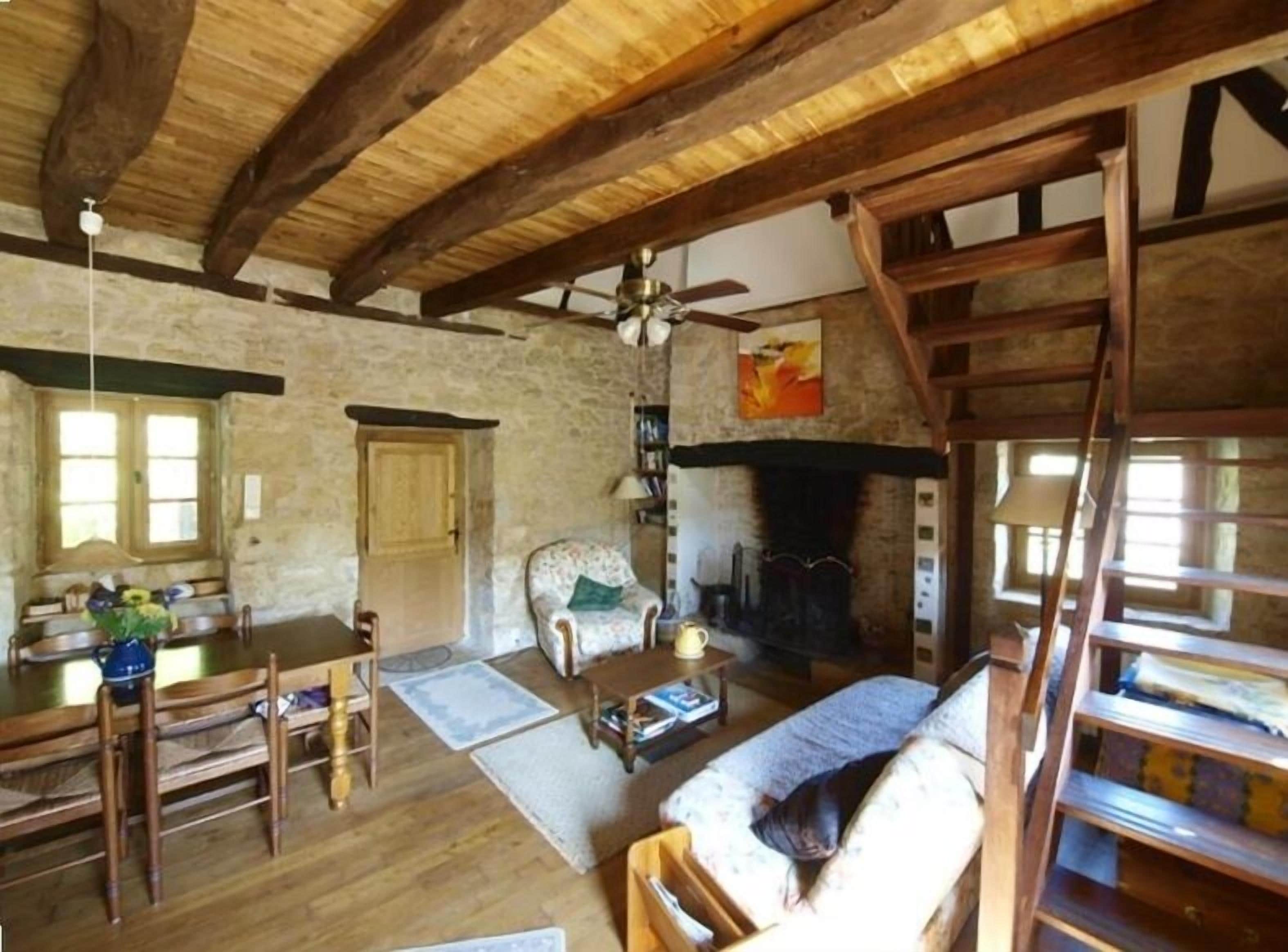 Cheminée, lecteur de DVD, livres, médiathèque