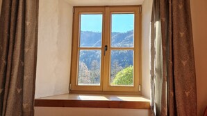 Ein Fenster mit Blick auf eine bewaldete Bergkette.