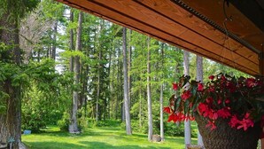 Un espacio al aire libre techado con flores rojas colgantes, rodeado de un bosque.