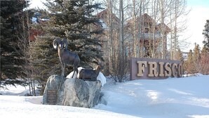 A snow-covered area with a large rock and two statues of animals. There is a sign that reads "FRISCO".