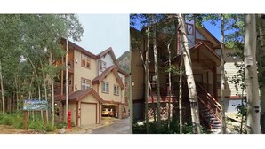 A lodge with a two-story structure, a front entrance, and a visible staircase leading to the upper level.