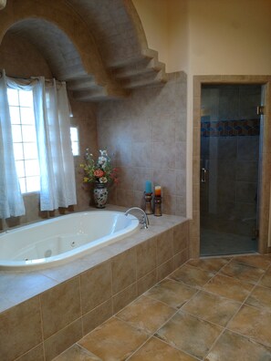 Combined shower/tub, jetted tub, hair dryer, towels