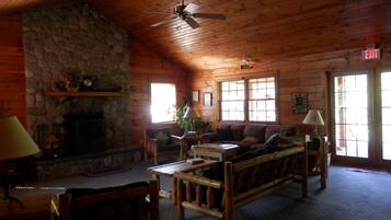 Smart TV, fireplace, DVD player, books