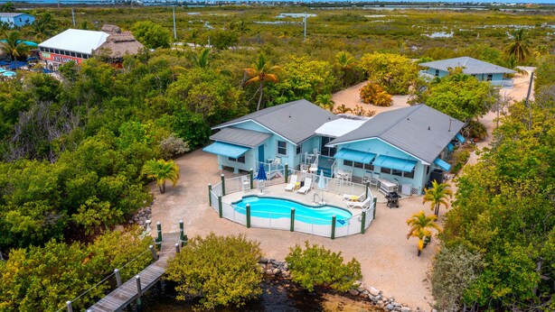 A large house with a swimming pool surrounded by lush greenery and a dock.