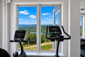 A room with two exercise bikes positioned in front of a large window with a scenic view.