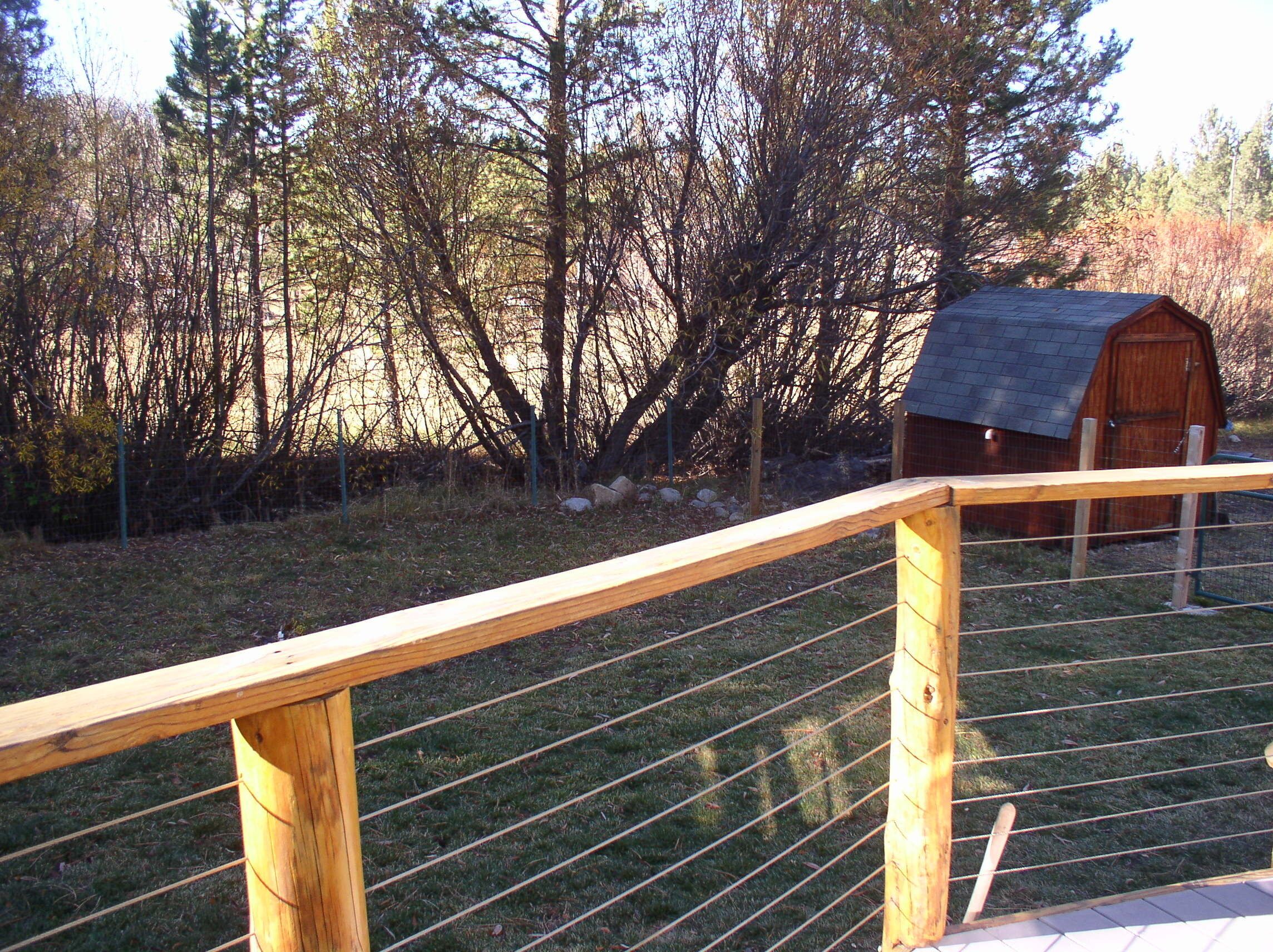 A wooden deck with a metal fence, a small wooden shed, and a wooded area in the background.