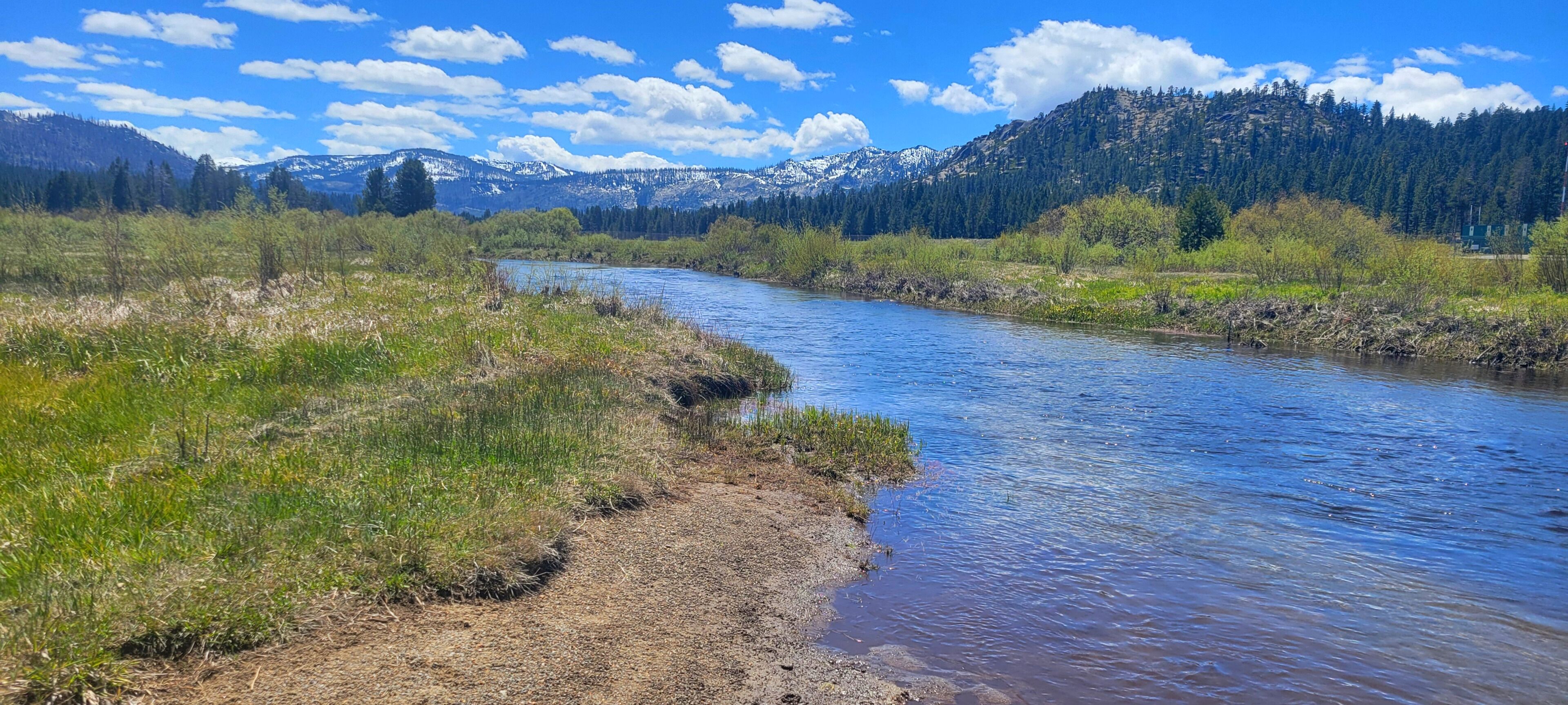 Un río que serpentea por un paisaje natural con montañas al fondo.