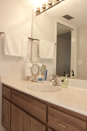 Hair dryer, towels, shampoo, toilet paper