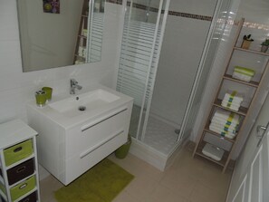 Shower, hair dryer, towels