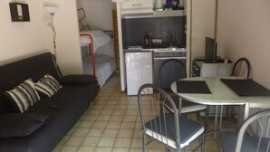 Un espacio habitable compacto con kitchenette, comedor y sofá.