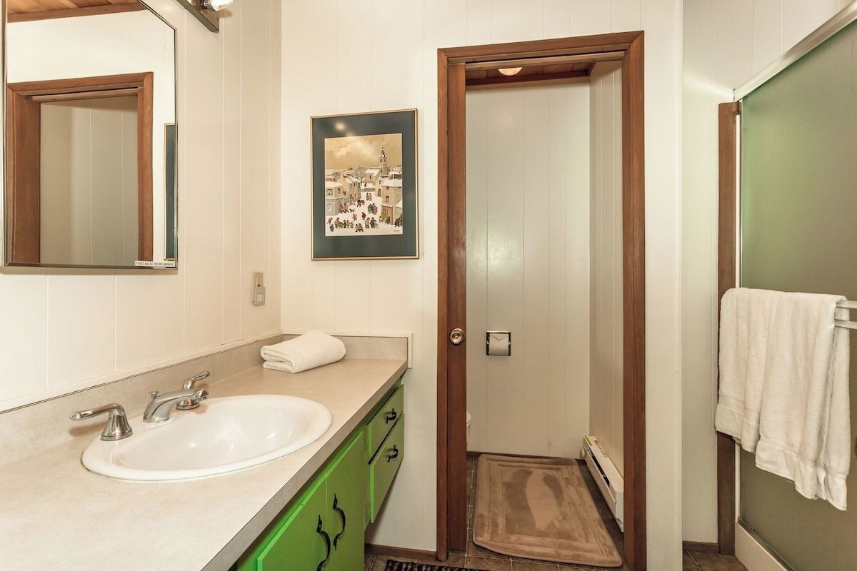 Une salle de bain équipée d’un lavabo, d’un miroir et d’une porte donnant accès à l’espace douche.