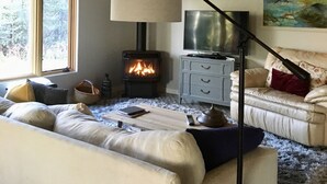 Una sala de estar acogedora con chimenea, un sofá, un televisor y un cuadro en la pared.
