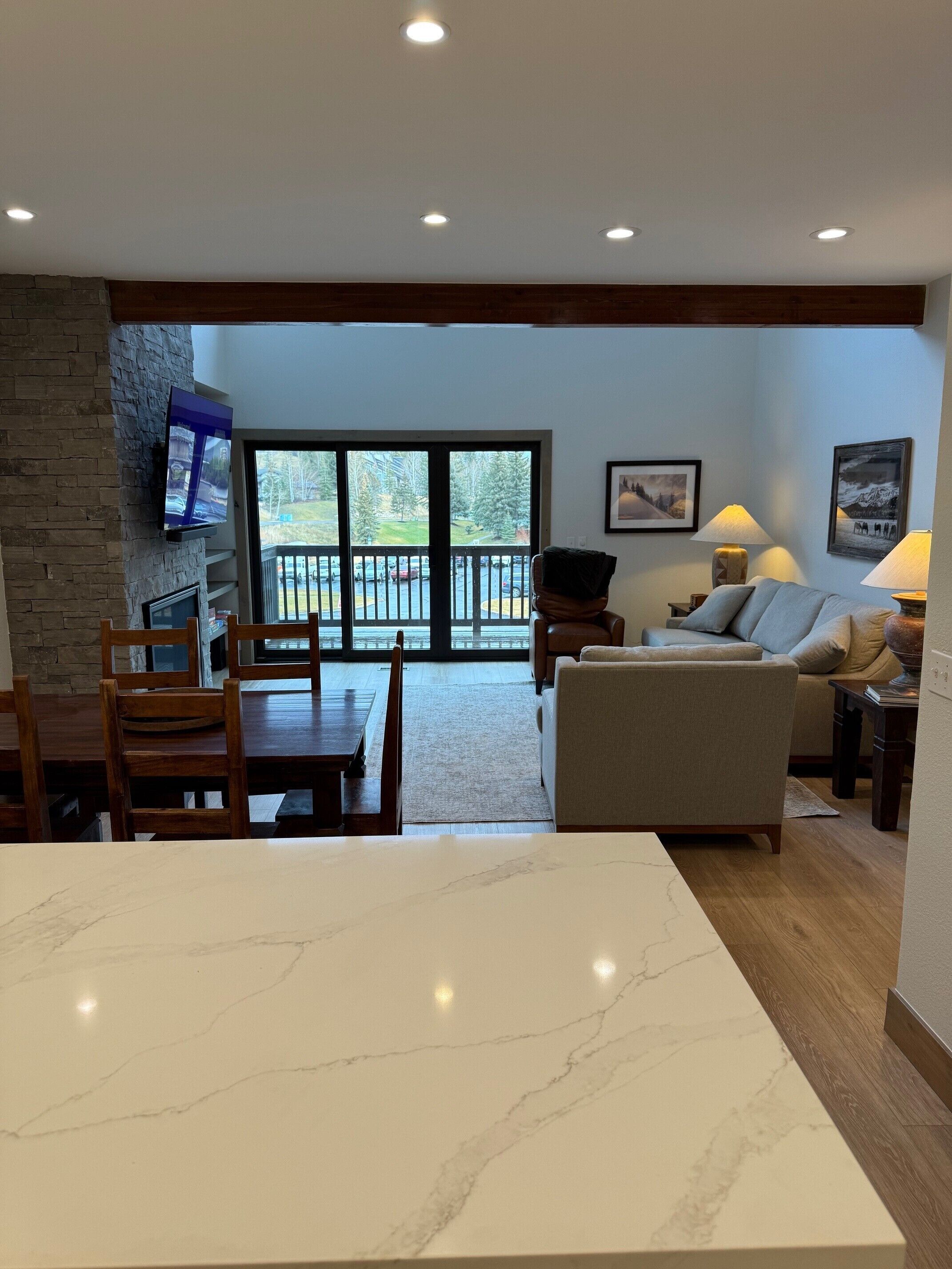 Smart TV, fireplace, DVD player, books