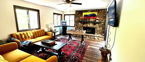 Smart TV, fireplace, video games, table football