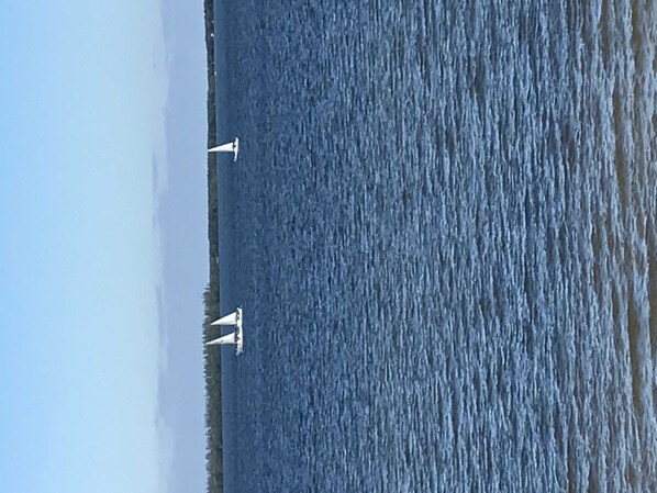 A calm sea with two sailboats.