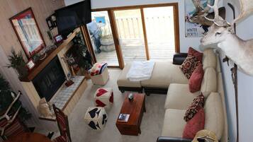 Flat-screen TV, fireplace, DVD player