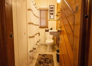 Combined shower/tub, hair dryer, towels, shampoo