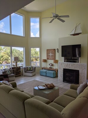 Smart TV, fireplace, video games, DVD player