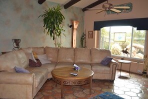 TV, fireplace, books - Pueblo style in foothills-Hot tub and Pool (Tucson)