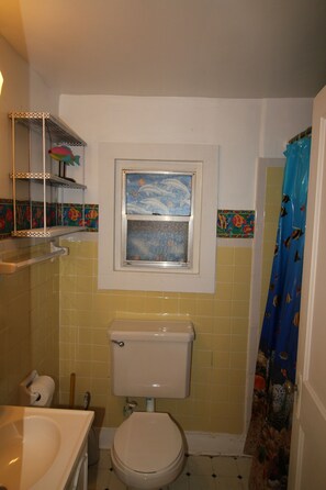 A bathroom with a toilet, sink, and shower curtain.