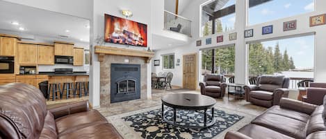 TV, fireplace, DVD player, foosball