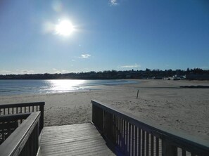 Plage à proximité, chaises longues, parasols, serviettes de plage