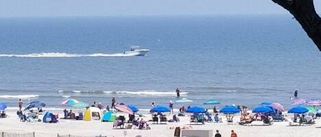On the beach, sun loungers, beach towels